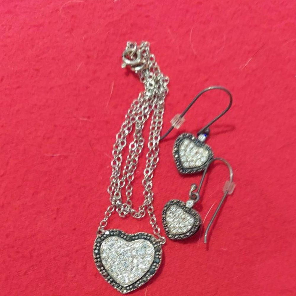 Sterling Silver 925 Heart with sparkling CZs Necklace and earrings